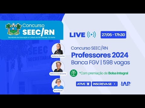 Banner de capa do material gratuito Live - Concurso SEEC/RN | Professores 2024: Banca Definida | 598 vagas